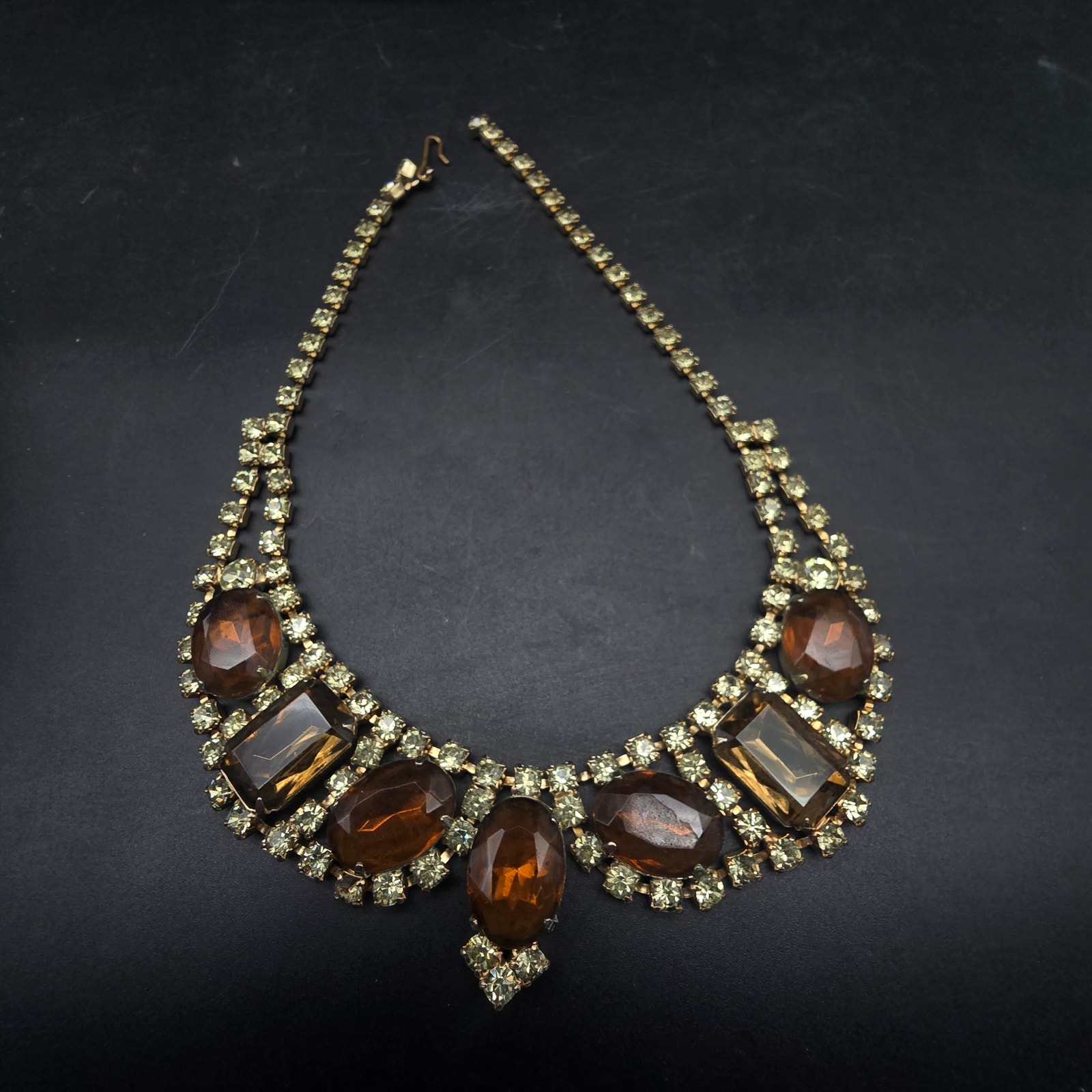 Vintage Rhinestone Collar Necklace Champagne Root Beer Gold Tone